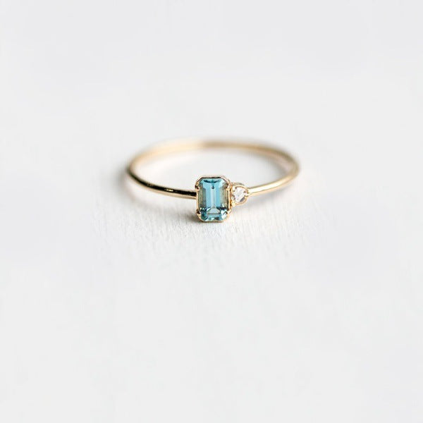 18K Gold Plated Three Ring Set Inlaid Topaz Sea Blue Gemstone Ring