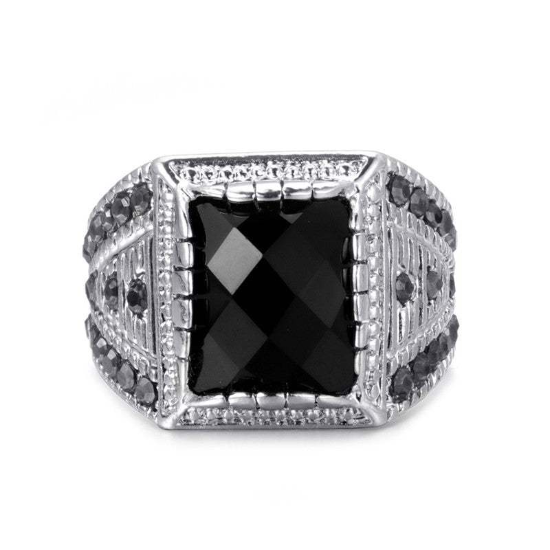 Silver-plated black gemstone ring