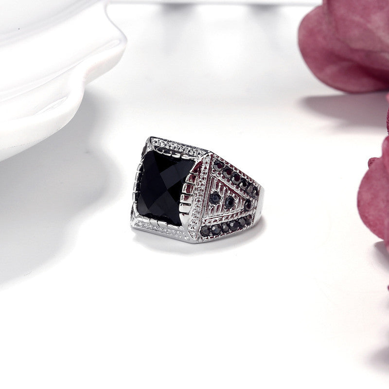 Silver-plated black gemstone ring
