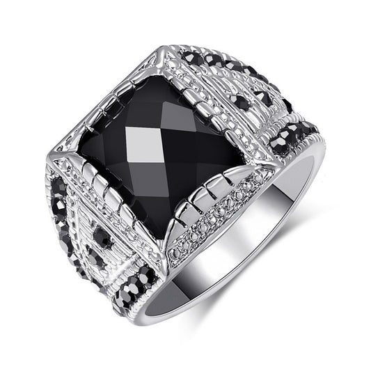 Silver-plated black gemstone ring