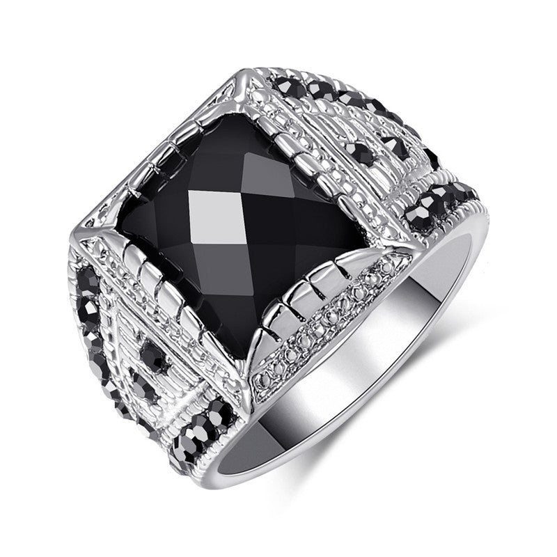 Silver-plated black gemstone ring