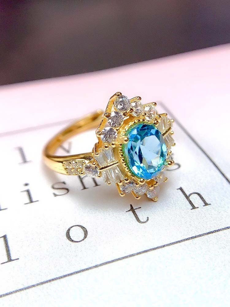 S925 Sterling Silver Inlaid Blue Topaz  Gem Fashion Ring