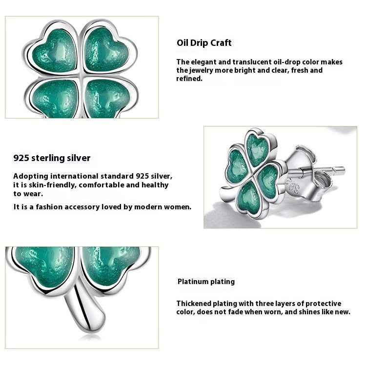White Gold Plated Textured Green Dripping Lucky Stud Earrings