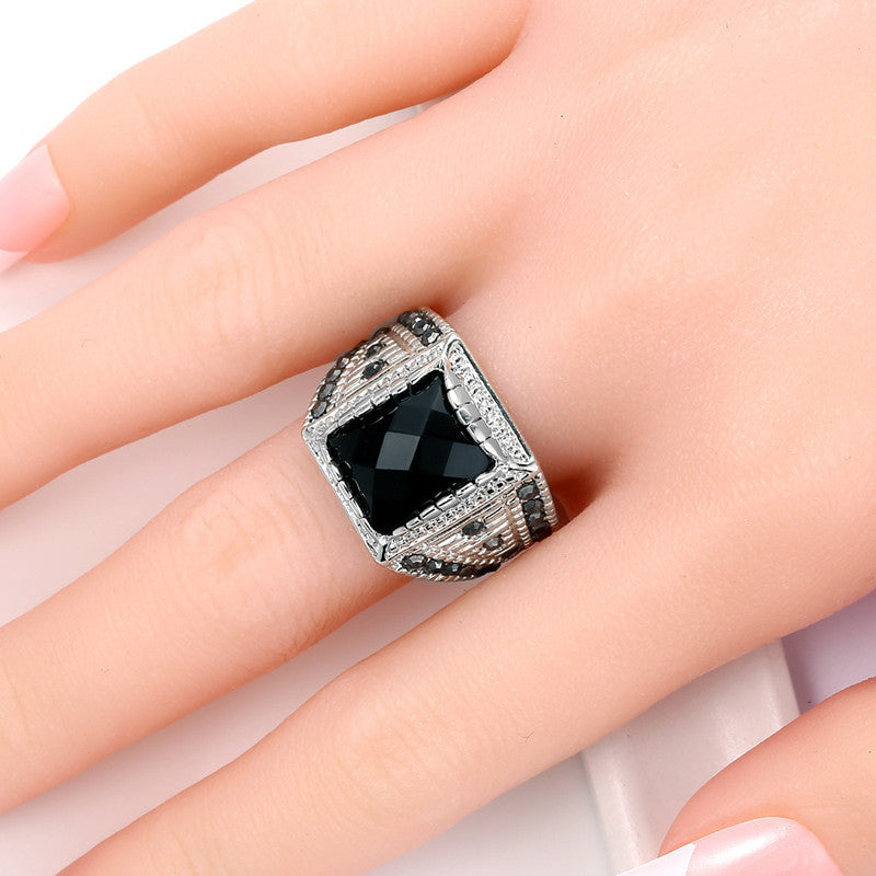 Silver-plated black gemstone ring