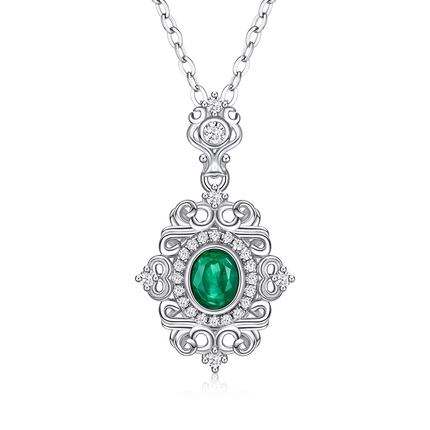 Natural Emerald Necklace Female Vintage Lace Design S925 Silver Inlaid Gem Pendant