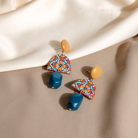 Retro Yellow Blue Contrast Color Acrylic Earrings Irregular Geometry