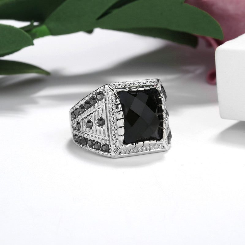 Silver-plated black gemstone ring
