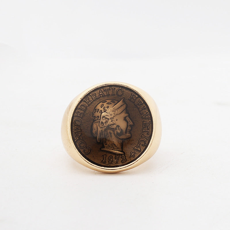 Eye coin triangle gemstone ring