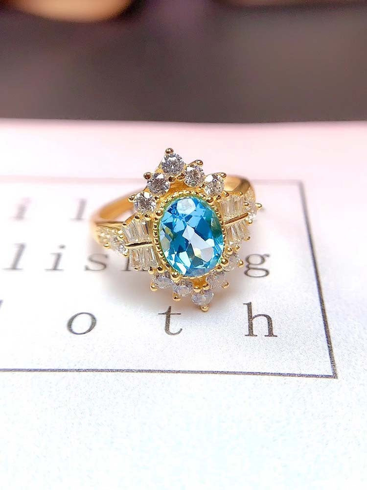 S925 Sterling Silver Inlaid Blue Topaz  Gem Fashion Ring