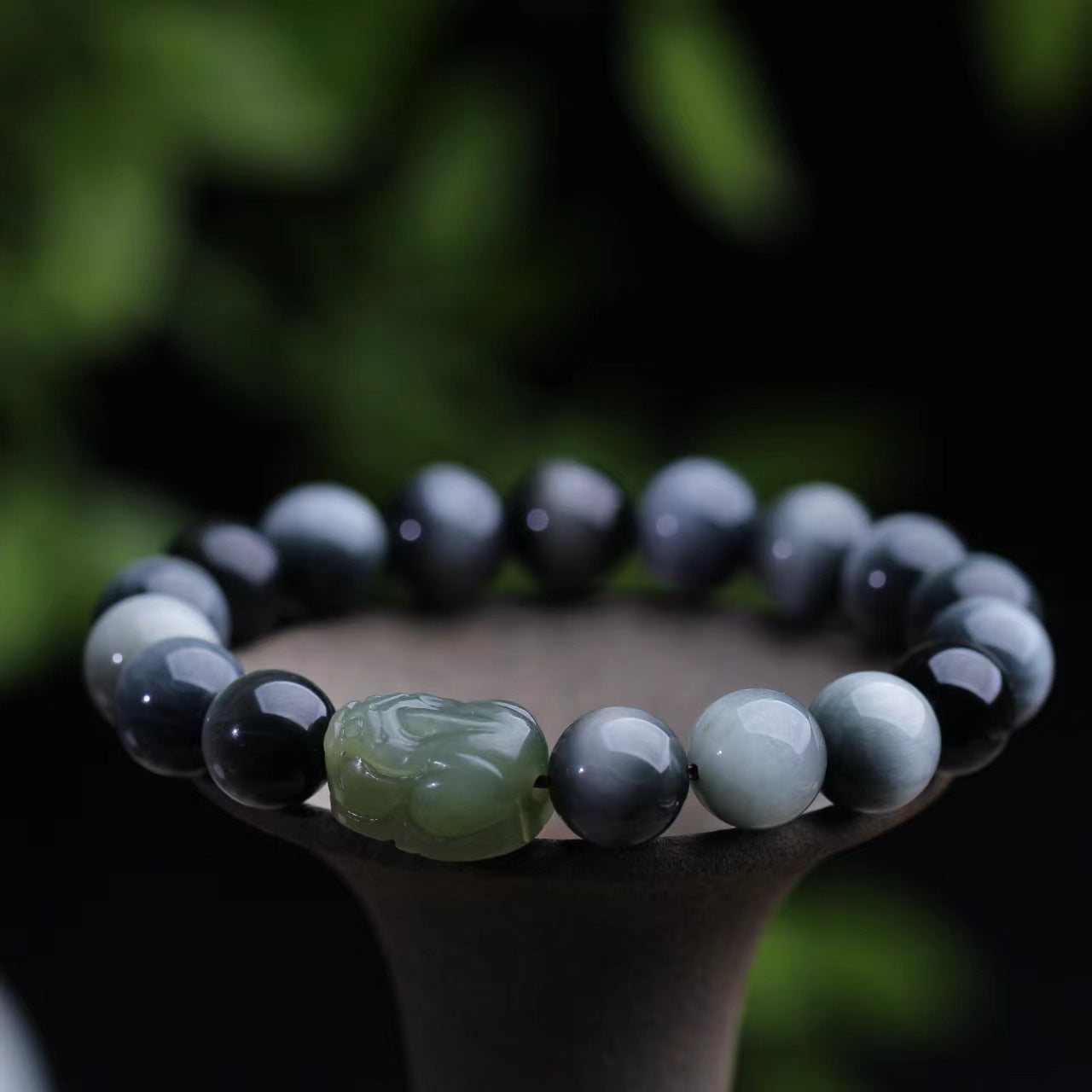 10mm Eagle Eye Stone With Natural Hetian Jade Clear Water Pixiu Bracelet