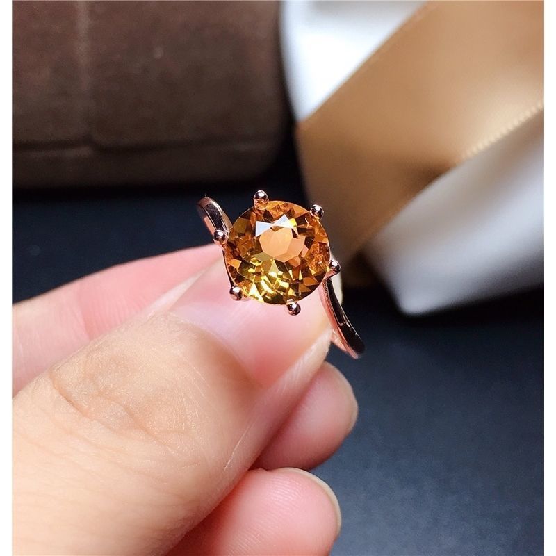 Natural Citrine Gemstone Ring Female Plated S925 Silver