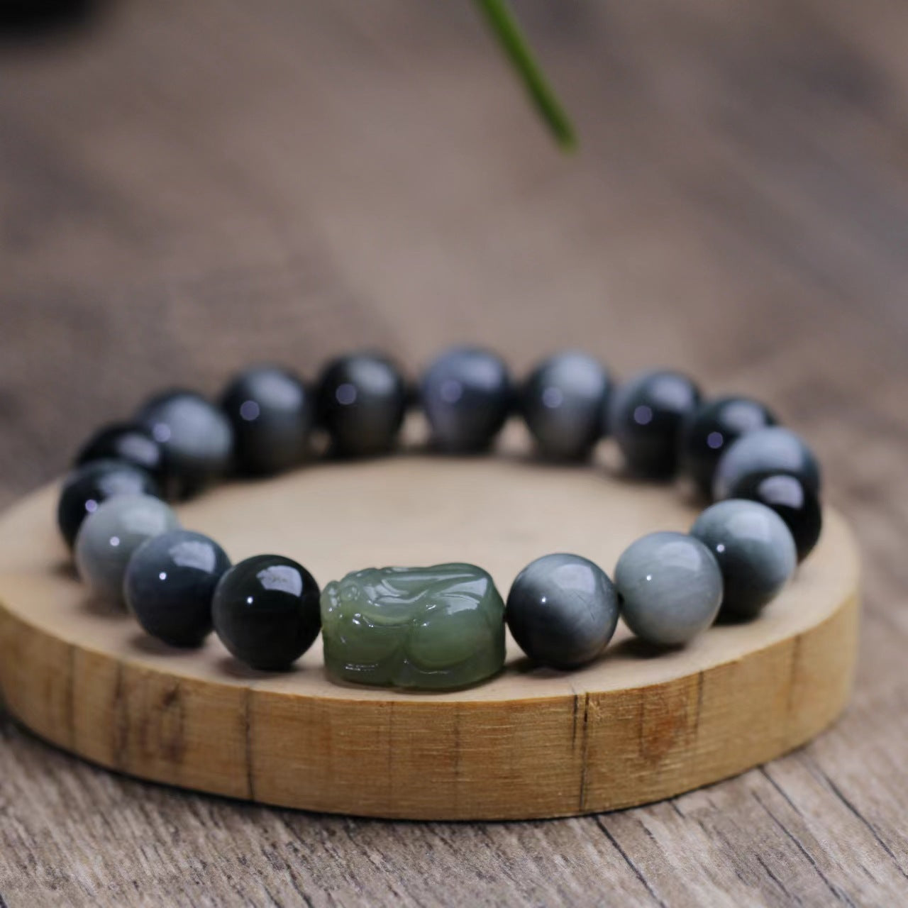 10mm Eagle Eye Stone With Natural Hetian Jade Clear Water Pixiu Bracelet
