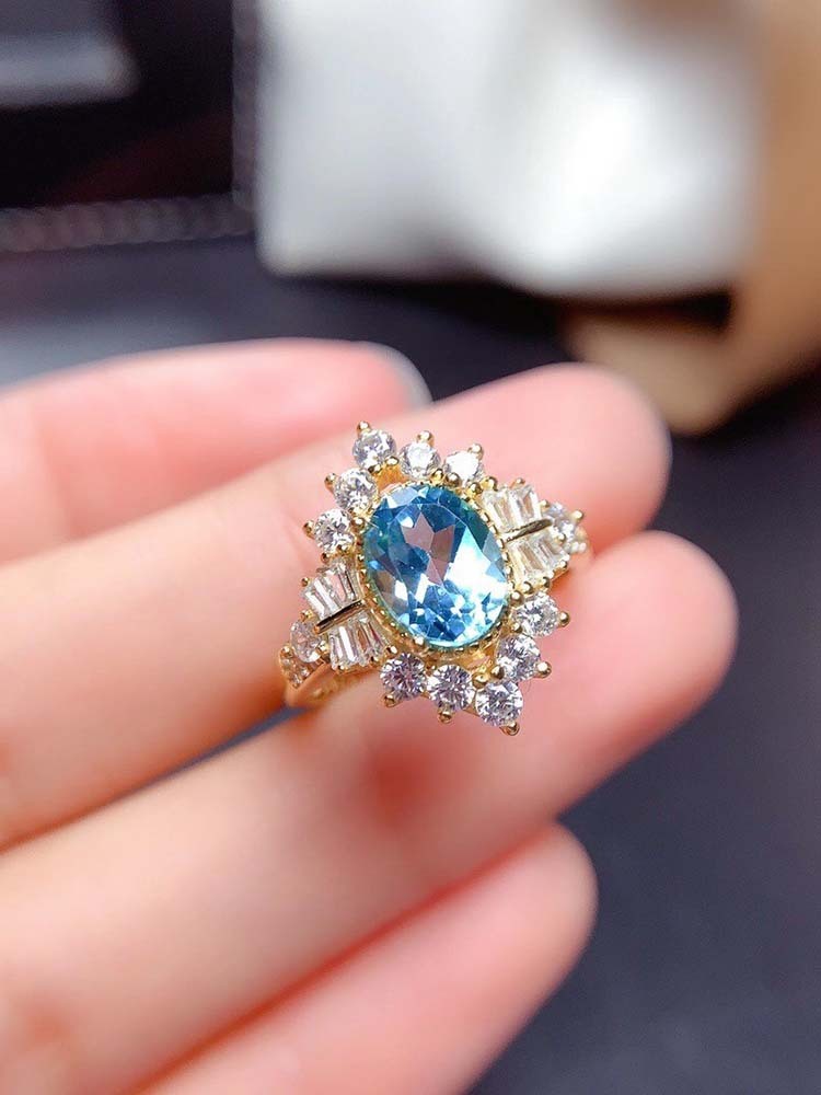 S925 Sterling Silver Inlaid Blue Topaz  Gem Fashion Ring
