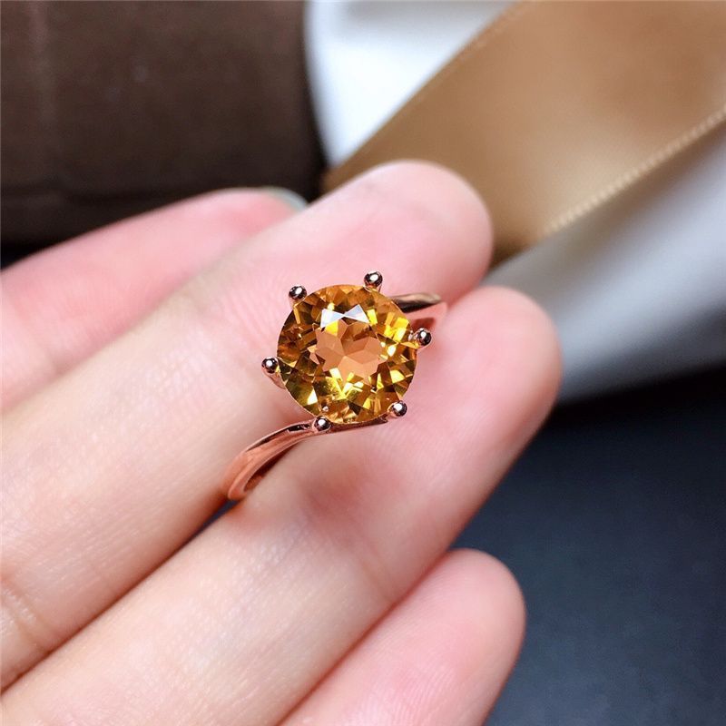Natural Citrine Gemstone Ring Female Plated S925 Silver