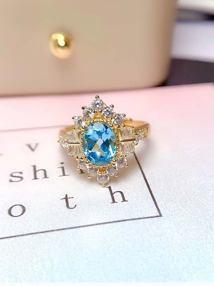 S925 Sterling Silver Inlaid Blue Topaz  Gem Fashion Ring
