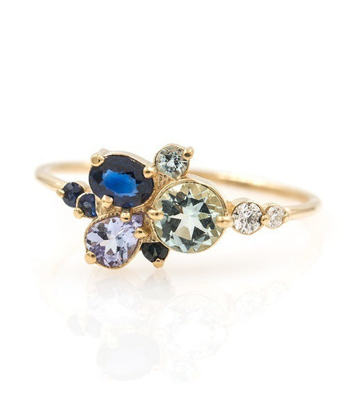 18K Gold Plated Three Ring Set Inlaid Topaz Sea Blue Gemstone Ring