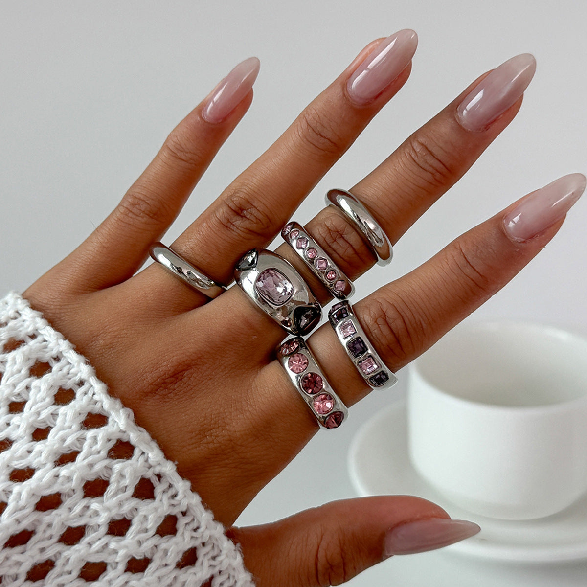 Wind Color Gemstone Inlaid Ring Suit