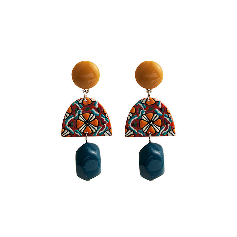 Retro Yellow Blue Contrast Color Acrylic Earrings Irregular Geometry