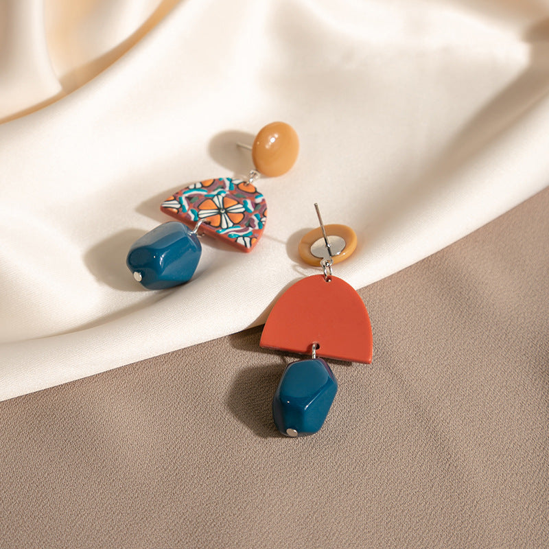 Retro Yellow Blue Contrast Color Acrylic Earrings Irregular Geometry