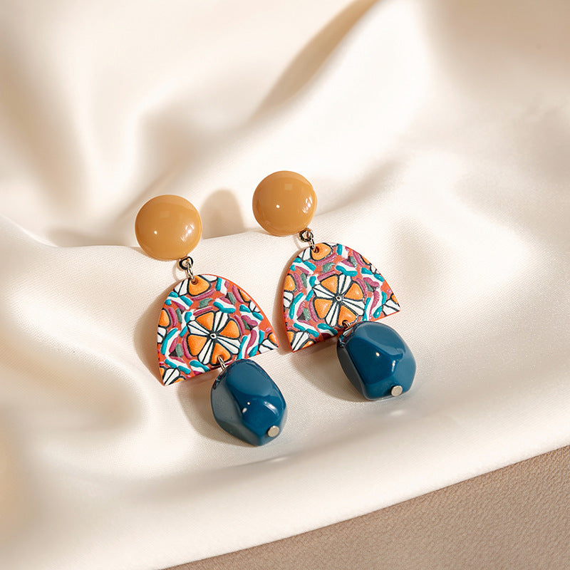 Retro Yellow Blue Contrast Color Acrylic Earrings Irregular Geometry