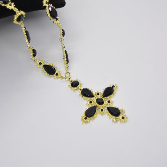 Medieval Cross Black Gemstone Necklace