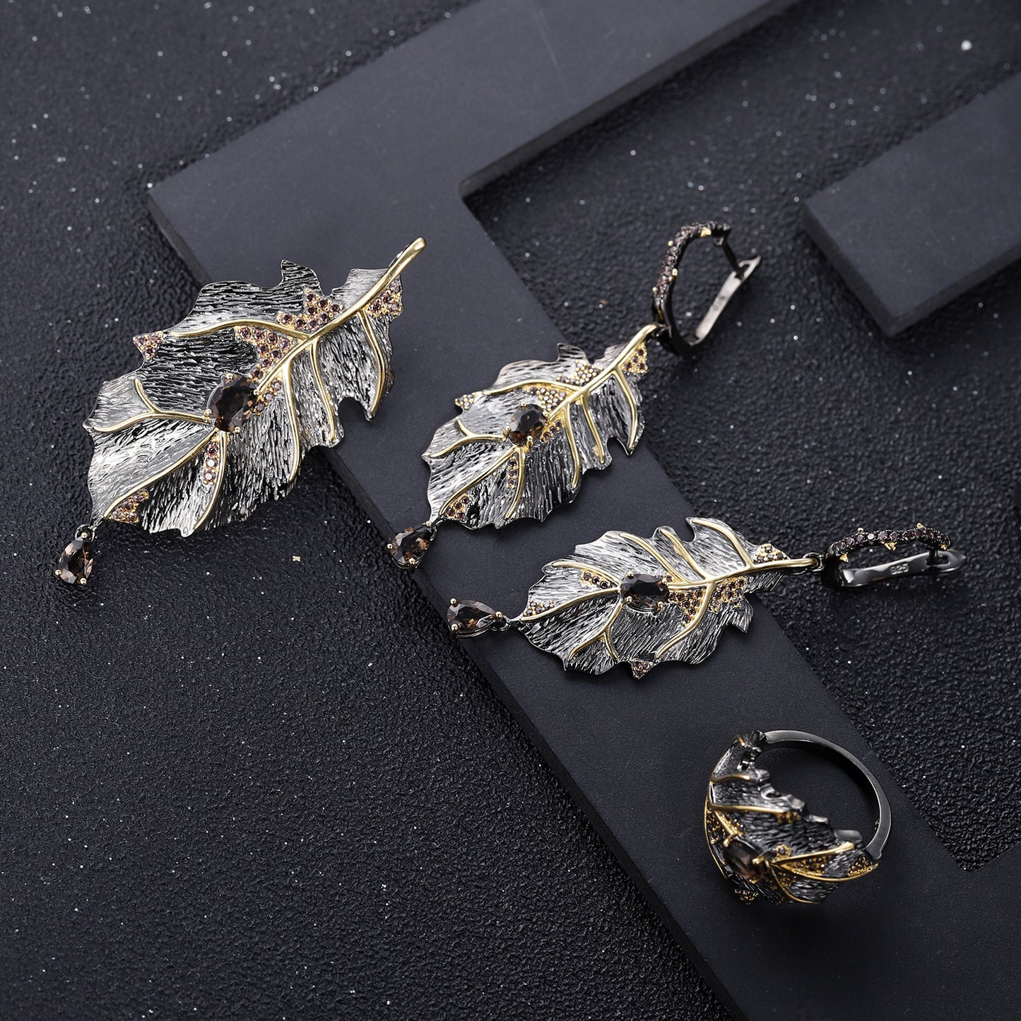 Citrine Leaf Type Citrine Ring Jewelry Set 925 Silver Gem Inlaid