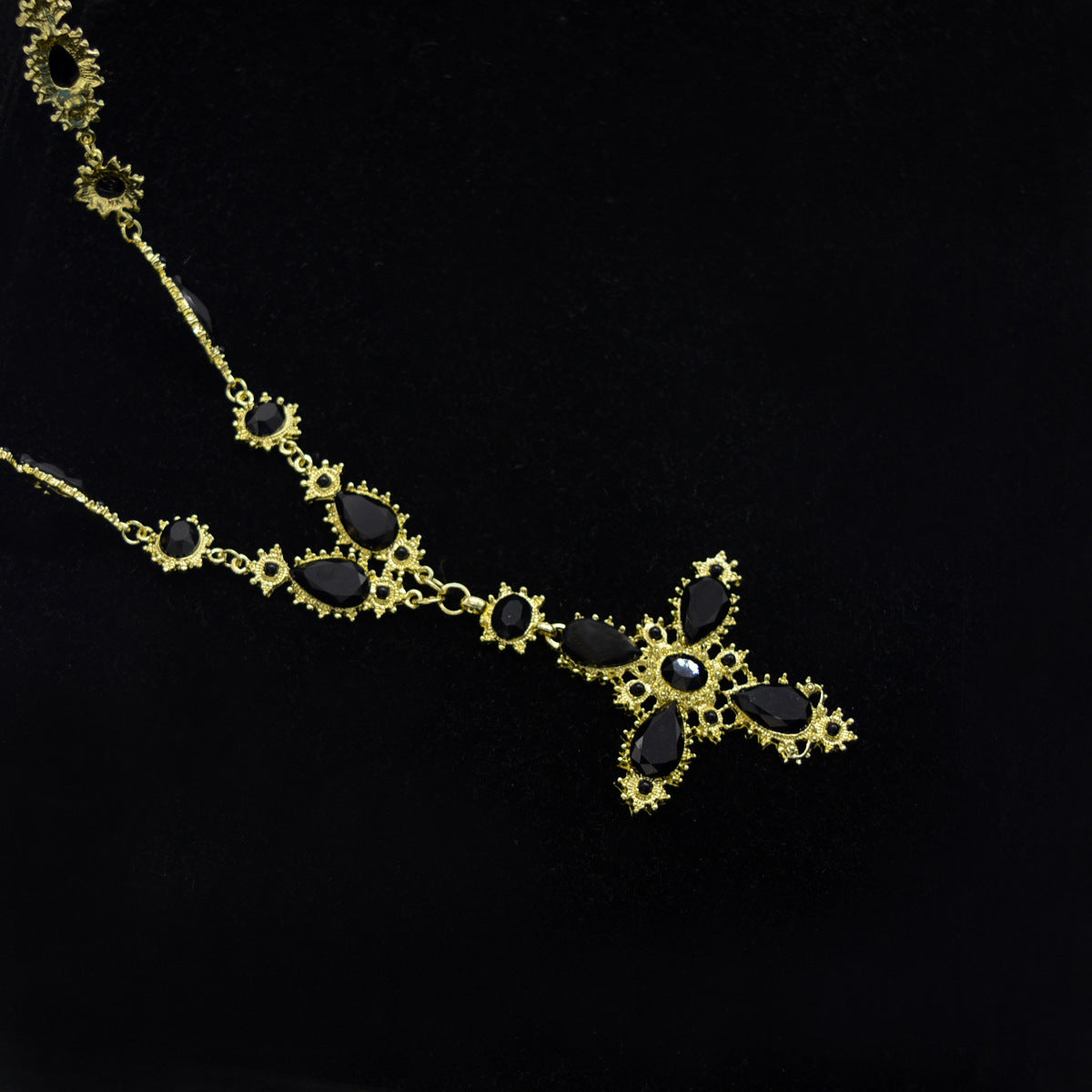 Medieval Cross Black Gemstone Necklace