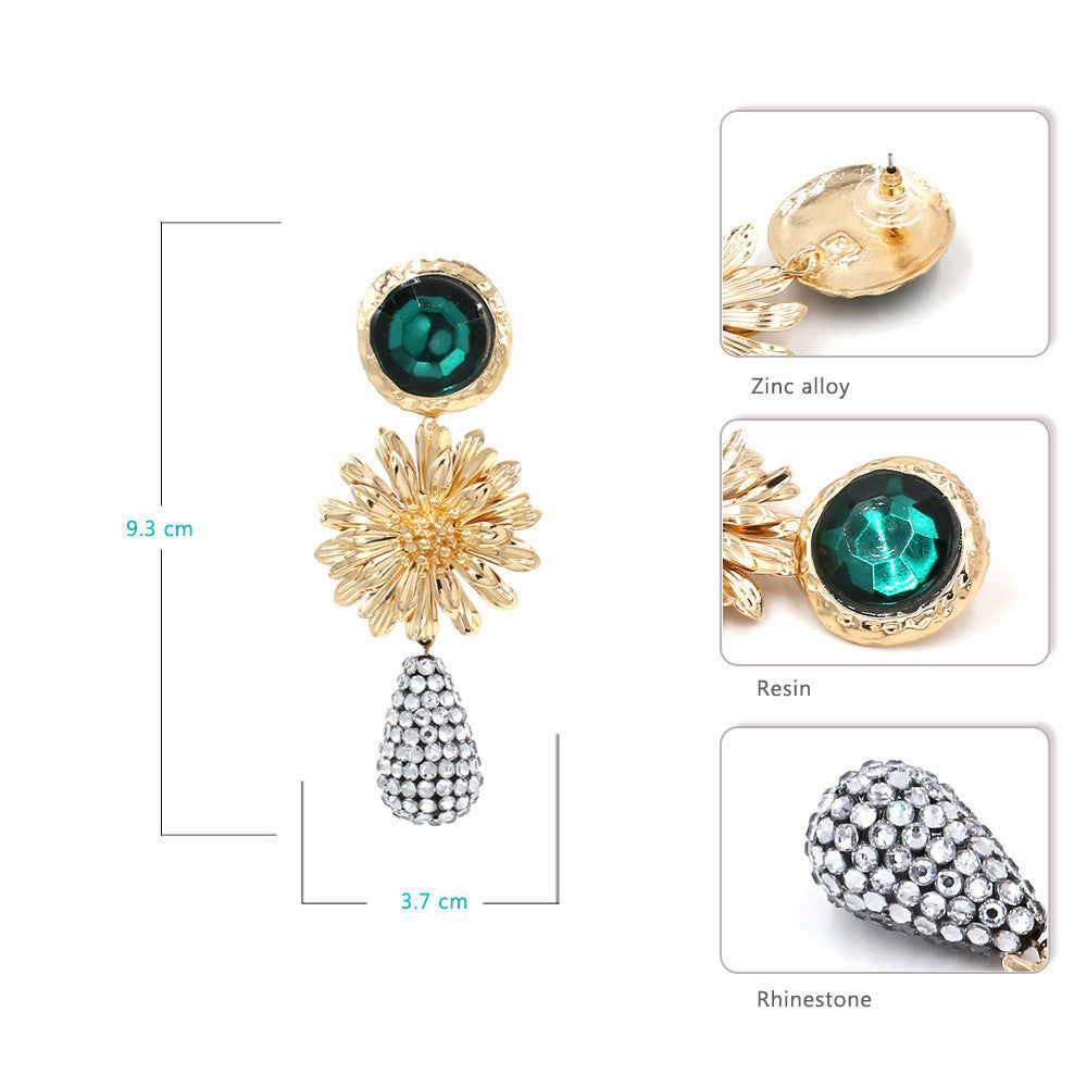 Metal flower earrings artificial gemstone earrings