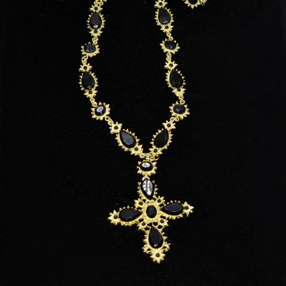 Medieval Cross Black Gemstone Necklace