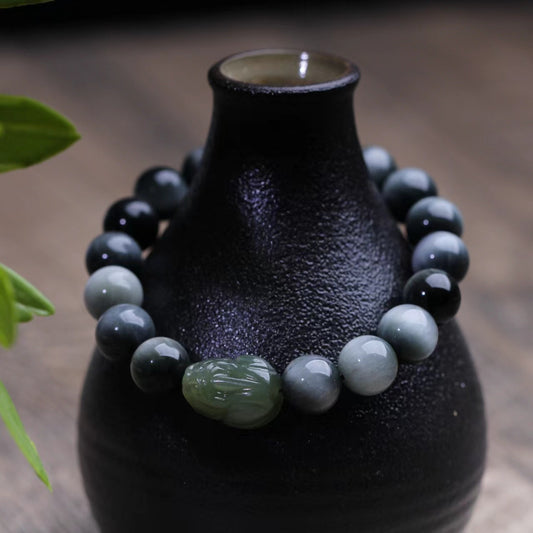 10mm Eagle Eye Stone With Natural Hetian Jade Clear Water Pixiu Bracelet